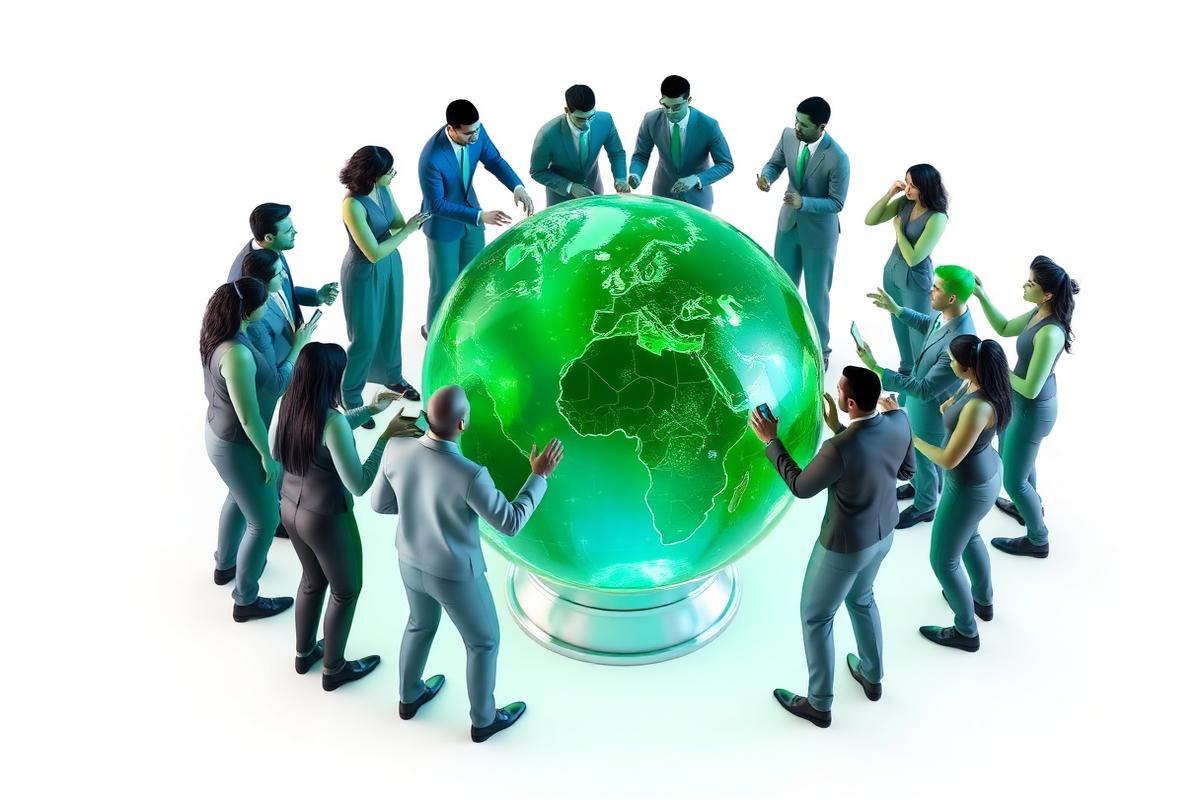 Global innovators collaborating around a glowing world globe